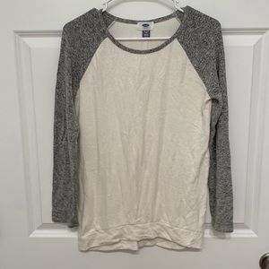 White lightweight sweater with light gray sleeves. Size XL.
